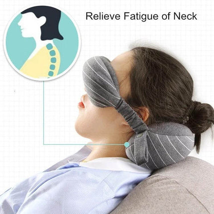 Business Travel Eye Protection Pillow For Restful Sleep on traveler showing neck support and light-blocking eye mask