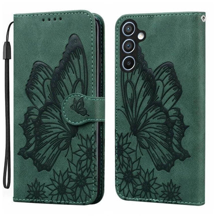 Butterflies Embossing Leather Phone Case With Card Slot green PU leather wallet case with embossed butterfly design and wrist strap