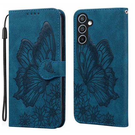 Butterflies Embossing Leather Phone Case With Card Slot in teal PU leather with embossed butterfly design, card slot and horizontal viewing stand