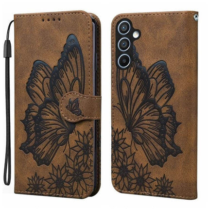 Butterflies Embossing Leather Phone Case With Card Slot in brown PU leather with black butterfly design, card slot and horizontal viewing stand