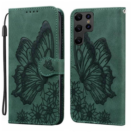 Butterflies Embossing Leather Phone Case With Card Slot in green PU leather with butterfly design, card slot and horizontal viewing stand