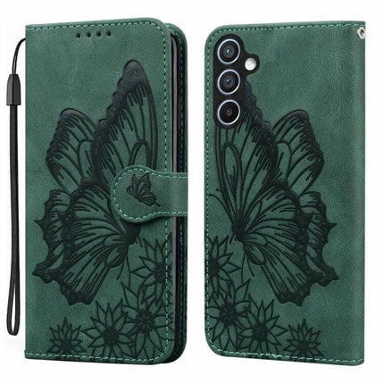 Butterflies Embossing Leather Phone Case With Card Slot in green PU leather with butterfly design, card slot, stand and wrist strap