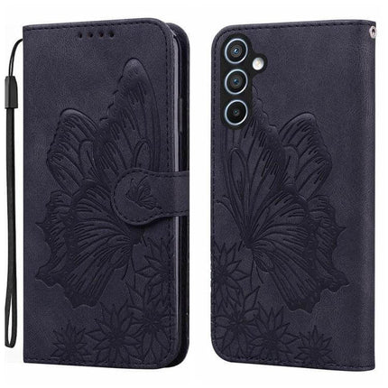 Butterflies Embossing Leather Phone Case With Card Slot - navy PU leather wallet case with embossed butterfly, card slot, wrist strap and viewing stand