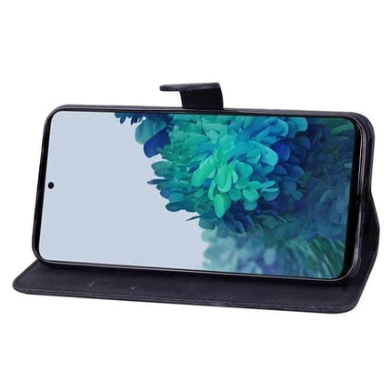 Butterflies Embossing Leather Phone Case With Card Slot in horizontal stand showing phone screen and card storage, black PU leather
