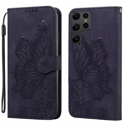 Butterflies Embossing Leather Phone Case With Card Slot in dark navy PU leather with embossed butterfly design, wrist strap and card slot
