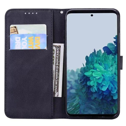 Butterflies Embossing Leather Phone Case With Card Slot showing black PU leather wallet case with card slots, cash pocket and horizontal viewing stand