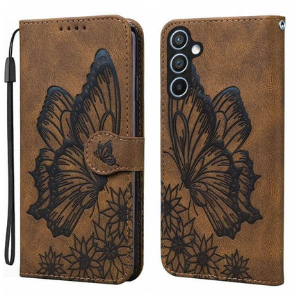 Butterflies Embossing Leather Phone Case With Card Slot brown PU leather wallet case with embossed butterfly design and wrist strap