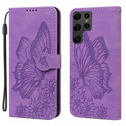 Butterflies Embossing Leather Phone Case With Card Slot in purple PU leather with embossed butterfly design, card slot and horizontal viewing stand