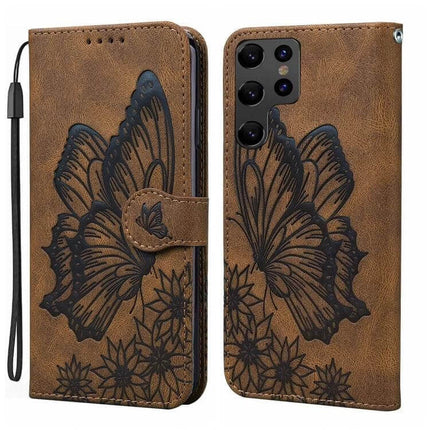 Butterflies Embossing Leather Phone Case With Card Slot shown in brown PU leather with black butterfly embossing, card slot and horizontal stand