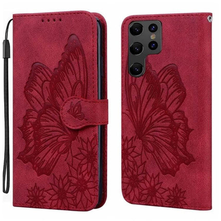 Butterflies Embossing Leather Phone Case With Card Slot in red PU leather with embossed butterfly, card slot, wrist strap and horizontal viewing stand