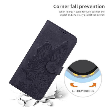 Butterflies Embossing Leather Phone Case With Card Slot shown in navy PU leather with embossed butterfly, card slot and corner fall prevention cushion