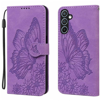 Butterflies Embossing Leather Phone Case With Card Slot purple PU leather wallet case with butterfly embossing, card slot, and viewing stand