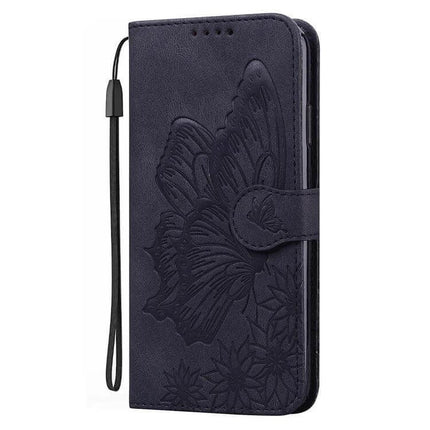 Butterflies Embossing Leather Phone Case With Card Slot in dark blue PU leather with embossed butterfly design, card slots and wrist strap