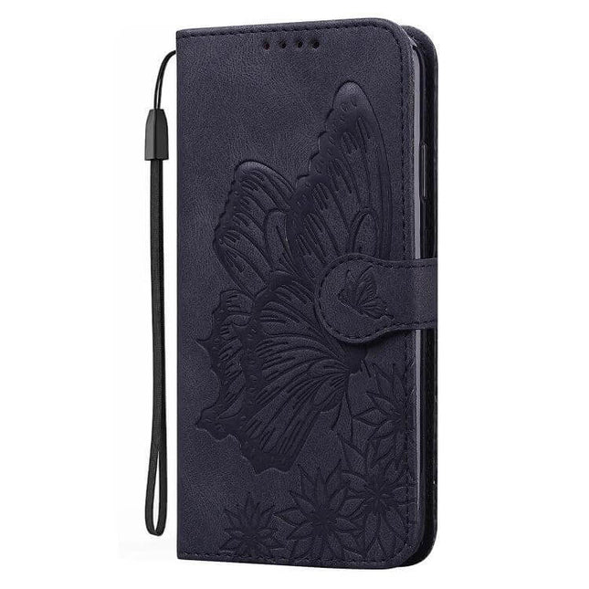 Butterflies Embossing Leather Phone Case With Card Slot in dark blue PU leather with embossed butterfly design, card slots and wrist strap