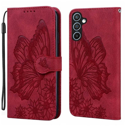 Butterflies Embossing Leather Phone Case With Card Slot in red PU leather with strap, TPU inner layer, card slots and horizontal viewing stand