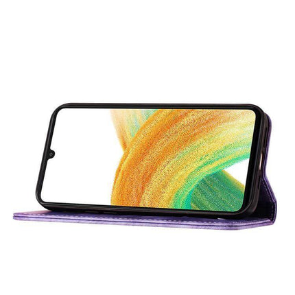Butterfly Cat Embossed Flip Leather Phone Case For Galaxy S25 Series shown in purple standing wallet mode with card slots and TPU core