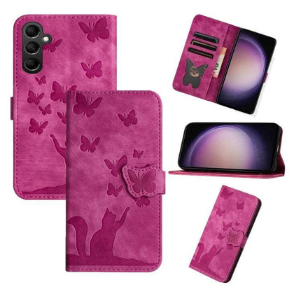 Butterfly Cat Embossed Flip Leather Phone Case For Galaxy S25 Series in pink with wallet slots, stand function, TPU core and PU leather cover