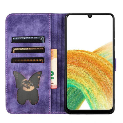 Butterfly Cat Embossed Flip Leather Phone Case For Galaxy S25 Series purple wallet folio with card slots, cash pocket, stand and TPU protection
