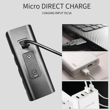 BX3 USB Charging Bicycle Front Handlebar Light for Night Riding showing micro direct charge via USB cable to laptop, power bank and wall adapter
