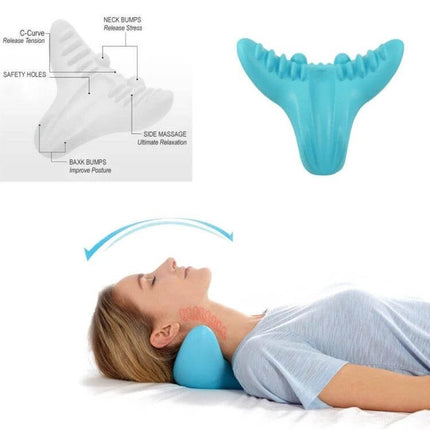 C-Rest Acupressure Neck Massager Pillow For Neck And Shoulders, Blue shown in use under neck to relieve tension and improve posture