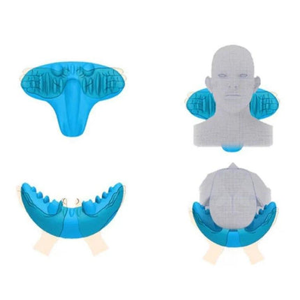 C-Rest Acupressure Neck Massager Pillow For Neck And Shoulders, Blue shown in positions demonstrating neck and shoulder support and placement