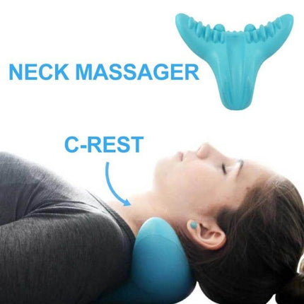 C-Rest Acupressure Neck Massager Pillow For Neck And Shoulders, Blue positioned under neck to relieve tension