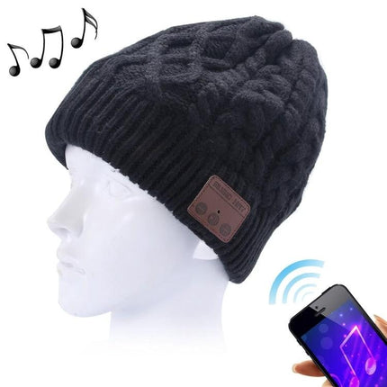 Warm Knitted Beanie with Bluetooth for Everyday Winter Calls - black cable knit beanie with built-in Bluetooth speakers and microphone