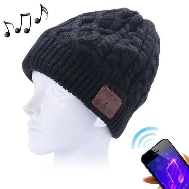 Warm Knitted Beanie with Bluetooth for Everyday Winter Calls - black cable knit beanie with built-in Bluetooth speakers and microphone