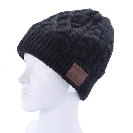 Warm Knitted Beanie with Bluetooth for Everyday Winter Calls - black cable-knit beanie with built-in Bluetooth controls and microphone