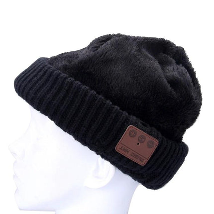 Warm Knitted Beanie with Bluetooth for Everyday Winter Calls - black knitted beanie with Bluetooth controls and built-in mic, plush lining