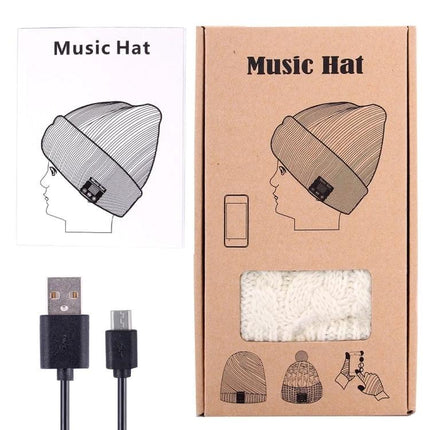 Warm Knitted Beanie with Bluetooth for Everyday Winter Calls - white knit music hat with USB cable in retail box