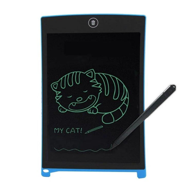 Howshow 8.5 Inch LCD Writing Tablet for Everyday Notes and Drawings showing stylus and green cat sketch on screen