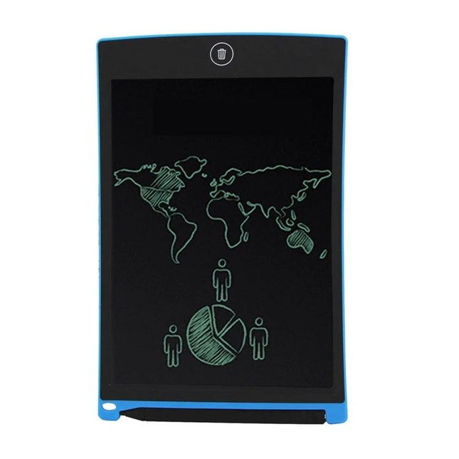 Howshow 8.5 Inch LCD Writing Tablet for Everyday Notes and Drawings showing world map and pie chart sketch with stylus