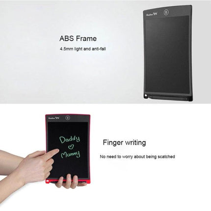 Howshow 8.5 Inch LCD Writing Tablet for Everyday Notes and Drawings showing black tablet and hand finger-writing on screen with stylus pocket