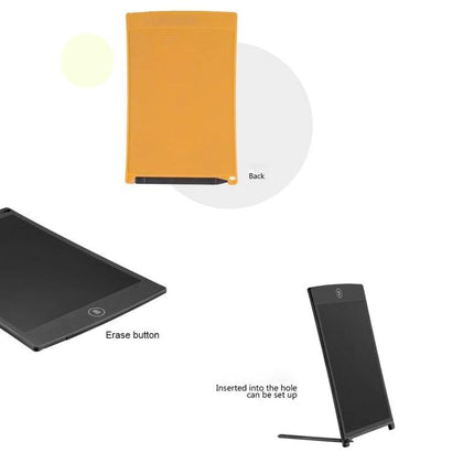Howshow 8.5 Inch LCD Writing Tablet for Everyday Notes and Drawings showing back cover, erase button, stylus holder and stand