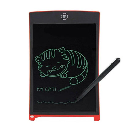 Howshow 8.5 Inch LCD Writing Tablet for Everyday Notes and Drawings showing stylus and green cat sketch on red-frame tablet