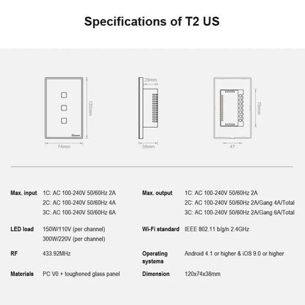 Sonoff T2 Touch 120mm Tempered Glass Smart Wall Switch for Home Lights - technical specifications diagram and dimensions