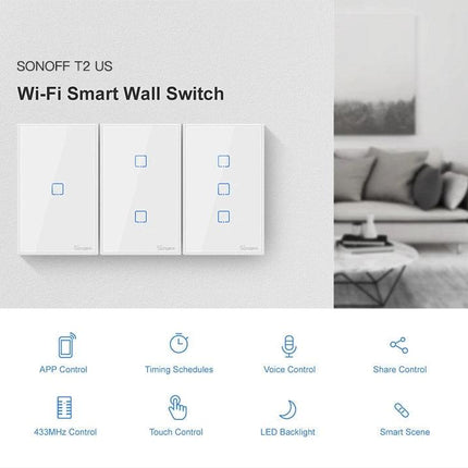 Sonoff T2 Touch 120mm Tempered Glass Smart Wall Switch for Home Lights - white 3-gang WiFi touch panels with app, schedule and voice control
