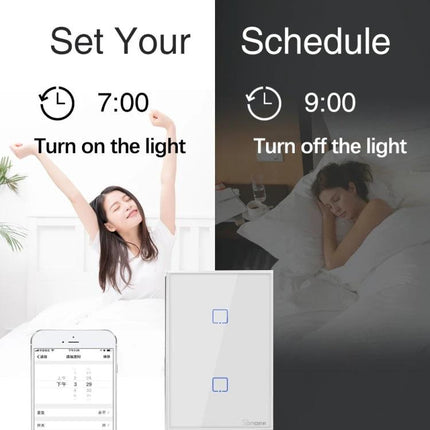 Sonoff T2 Touch 120mm Tempered Glass Smart Wall Switch for Home Lights showing schedule feature with morning on and night off