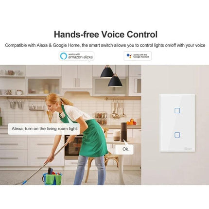 Sonoff T2 Touch 120mm Tempered Glass Smart Wall Switch for Home Lights showing hands-free voice control with Alexa in kitchen (woman cleaning)