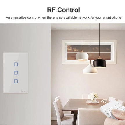 Sonoff T2 Touch 120mm Tempered Glass Smart Wall Switch for Home Lights showing RF control in dining room with smartphone and remote