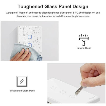 Sonoff T2 Touch 120mm Tempered Glass Smart Wall Switch for Home Lights showcasing toughened glass panel, easy-to-clean surface and scratch resistance