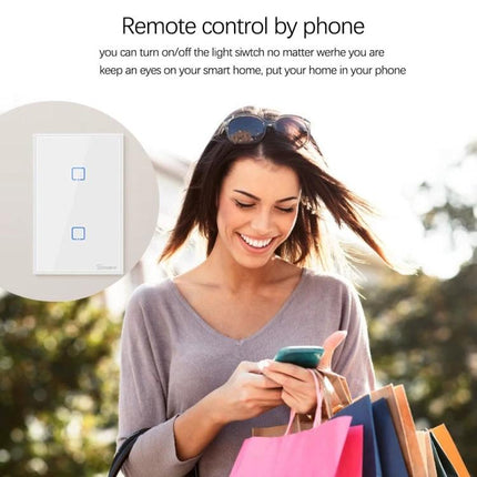 Sonoff T2 Touch 120mm Tempered Glass Smart Wall Switch for Home Lights showing a woman controlling lights remotely by phone