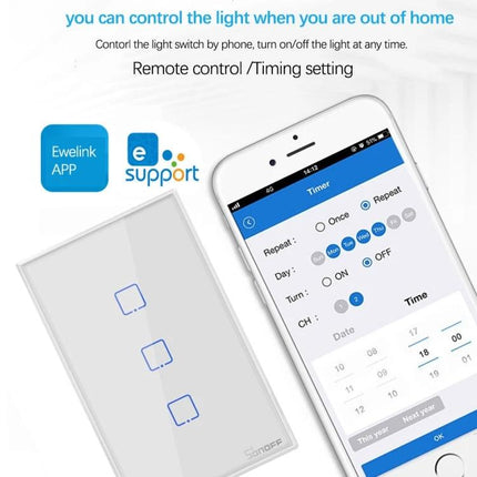 Sonoff T2 Touch 120mm Tempered Glass Smart Wall Switch for Home Lights showing app timing and remote control on smartphone