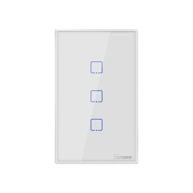 Sonoff T2 Touch Wall Switch for Remote Home Light Control - white 3-gang touch panel with blue LED icons