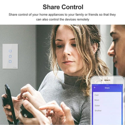 Sonoff T2 Touch Wall Switch for Remote Home Light Control showing family sharing app and touch panel
