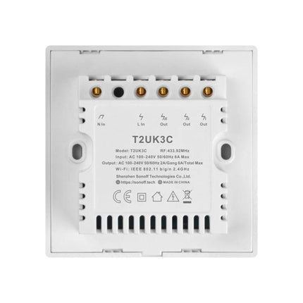 Sonoff T2 Touch Wall Switch for Smart Home Lighting showing rear wiring terminals and model T2UK3C label
