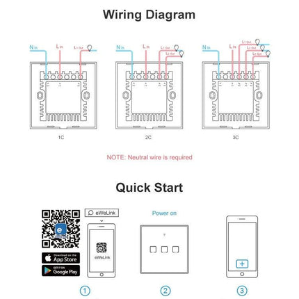 Wiring and quick start guide for Sonoff T2 Touch Wall Switch for Smart Home Lighting showing neutral wire requirement and app setup