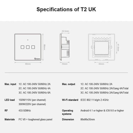 Sonoff T2 Touch Wall Switch for Smart Home Lighting technical specifications diagram showing dimensions, electrical ratings, and Wi‑Fi details