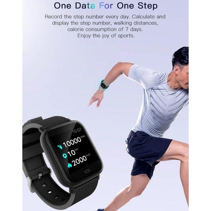 Essential Bracelet for Daily Health Tracking and Activity Monitoring - black fitness bracelet showing steps, distance, calories with runner using it for daily tracking